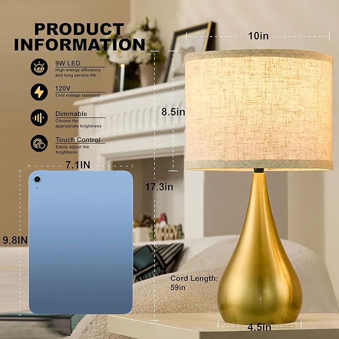 18.1'' Small Modern Touch Lamps for Nightstand Set of 2 with 3 Way Dimmable, Table Lamps for Living Room, Office, Bedside Lamps with Heavy Iron Base, Touch Switch, Bulb Included, Gold