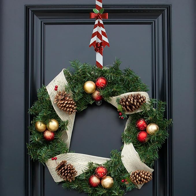 2 Pack Candy Cane Wreath Hangers for Front Door,Christmas Decoration Metal Over The Door Wreath Hanger Ornament,Door Wreath Hanger