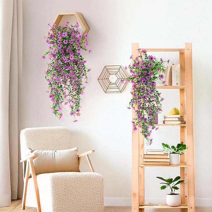 Artificial Fake Hanging Flowers Plants for Outdoor Spring Decoration,2 PCS Faux Silk Daisy with Eucalyptus Leaves,UV Resistant Look Real for Outside Home Indoor Planter Porch Patio Balcony Yard Decor