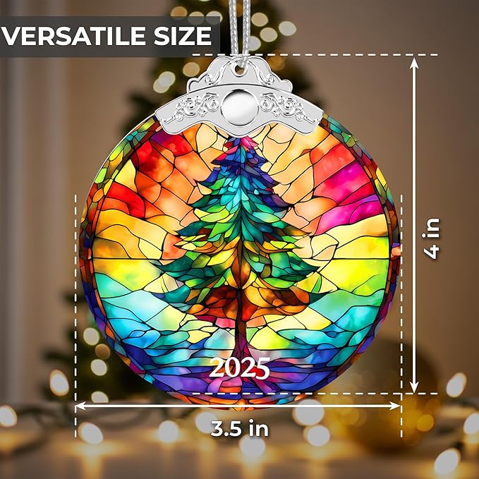 2025 Christmas Ornaments, Christmas Tree Ornaments Acrylic, Faux Stained Glass Effect White Elephant Gifts Exchange, Unique Suncatcher Xmas Stocking Stuffers for Women, Men (Tree)