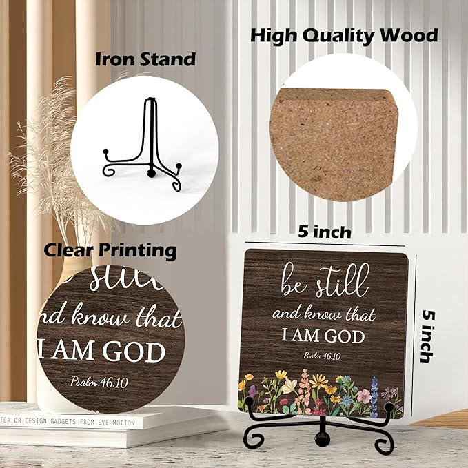 Inspirational Christian Desk Decor, Be Still And Know That I Am God Rutsic Sign, Desk Decorations For Office Home Living Room Bathroom, Eucalyptus Shelf Decor, Wooden Plaque With Stand (06)