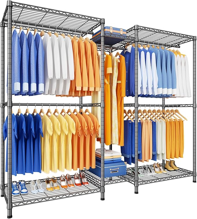 Ulif E12 Pro Clothes Rack，Heavy Duty Freestanding Garment Rack with Shelves，Metal Clothing Closet Storage System for Hanging Clothes，71" W x 16" D x 76.5" H, Hold 960 lbs，Grey