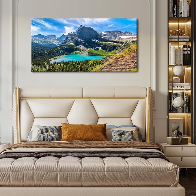Mountain Canvas Wall Art Teal Saint Mary Lake Landscape Wall Decor Glacier National Park Canvas Poster Modern Nature Scenic Painting Artwork for Living Room Bedroom Office Home Decorations 24x48"