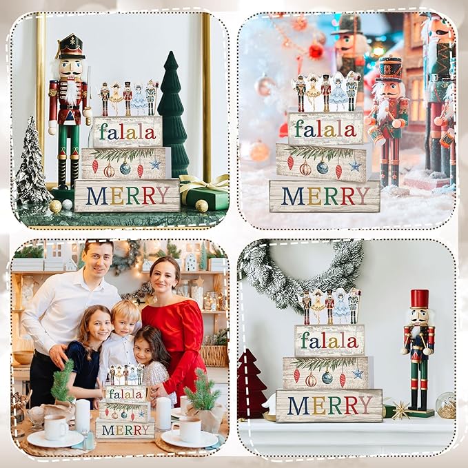Lineshading 4 Pcs Christmas Table Decorations Wooden Nutcracker Fairy Ballet Merry Christmas Table Centerpiece Decorative Soldier Fairy Ballet Block Signs Gift for Xmas Home Kitchen Tier Tray Decor