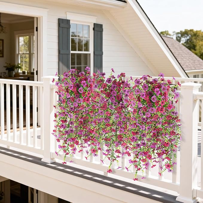 Homsunny Artificial Hanging Flowers for Outdoor, 2PCS Fake Flowers Faux Silk Daisy with Eucalyptus Leaves, UV Resistant Aritificial Flowers for Spring Home Patio Yard Porch Decor (Light Purple Red)