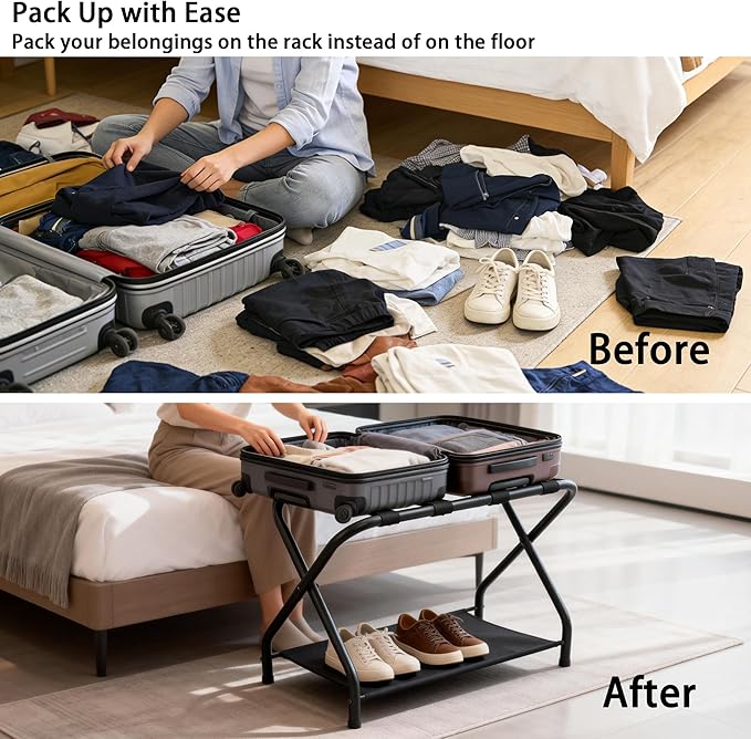 2 Pack Luggage Rack with Storage Shelf, Steel Folding Suitcase Stand, Portable Luggage Stand for Indoor Bedroom, Living Room and Outdoor Camping, 27.5 x 14.2 x 20.7 Inches
