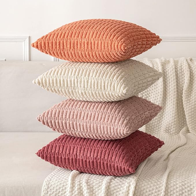 MIULEE Pack of 2 Corduroy Decorative Throw Pillow Covers 16x16 Inch Soft Boho Striped Pillow Covers Modern Farmhouse Home Decor for Summer Sofa Living Room Couch Bed Coral