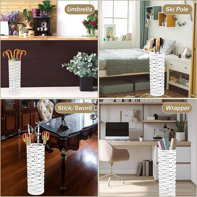Umbrella Stand Rack, Free Standing Round Metal Umbrella Holder, Walking Sticks Umbrella Bins Waterproof Umbrella Storage Rack 16.5 x 6 inch Hollow Umbrella Storage Bucket for Indoor Home Office(white)