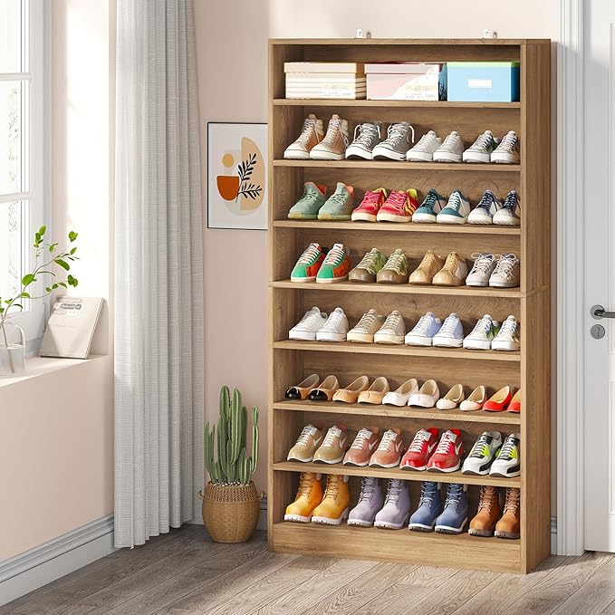 Tribesigns Tall Shoe Cabinet, 9 Tiers 40-45 Pairs Heavy Duty Wood Freestanding Shoe Storage Cabinet, 70.8'' Tall Shoe Cabinet with Open Storage for Entryway (1, Light Brown)