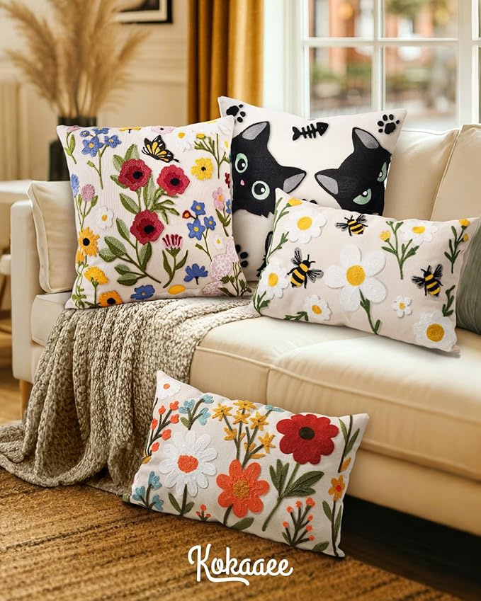 Embroidered Throw Pillow Cover 20x20 Inch - Spring Summer Boho Decorative Pillow Cover with Zipper for Living Room Couch Sofa Bed Aesthetic Design Retro Flower Cushion Pillowcase
