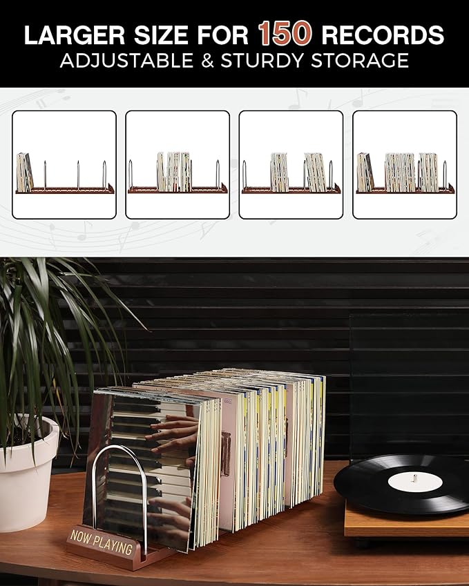 BS-VOG Now Playing Vinyl Record Stand, 150 LP Vinyl Record Storage with Non-slip Grooves, Wood Now Spinning Vinyl Record Holder for Albums Magazine Rack Organizer Record Display, Gift Package