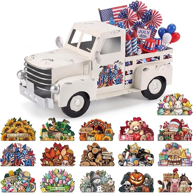 Threehoney Farmhouse Truck Decor 12.2 Inch Vintage White Metal Truck with 16 Magnet Patriotic Table Decoration Summer Centerpieces for Home Kitchen 4th of July Holiday Interchangeable Decor