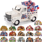 Threehoney Farmhouse Truck Decor 12.2 Inch Vintage White Metal Truck with 16 Magnet Patriotic Table Decoration Summer Centerpieces for Home Kitchen 4th of July Holiday Interchangeable Decor
