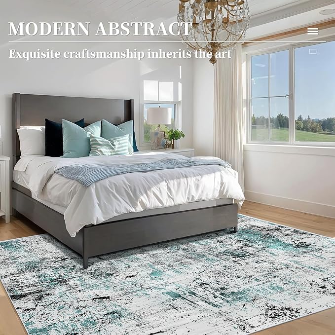Ciicool Modern Abstract Rug for Living Room, 5'x7' Machine Washable Area Rug Teal Black Non-Slip Accent Rug, Low-Pile Contemporary Indoor Dining Floor Carpet for Bedroom Office Under Table Home Decor