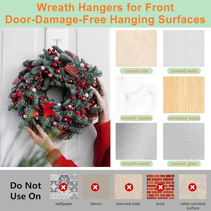 Wreath Hangers for Front Door, Wreath Hanger for Halloween Christmas Easter Decorations, Welcome Sign for Front Door, Large Adhesive Wall Hooks for Hanging Heavy Duty, Over The Door Hooks Organizer
