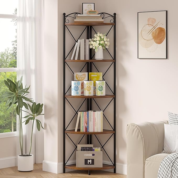 VECELO 5 Tier Corner Shelf Stand, 55.2" Tall Corner Bookshelf, Plant Stand, Rustic Brown Corner Storage Shelf for Living Room, Kitchen, Bedroom, Office