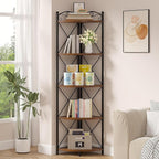 VECELO 5 Tier Corner Shelf Stand, 55.2" Tall Corner Bookshelf, Rustic Brown Storage Standing Shelf for Living Room, Plant Stand &Corner Bookcase for WallCorner, Living Room, Kitchen, Bedroom, Office