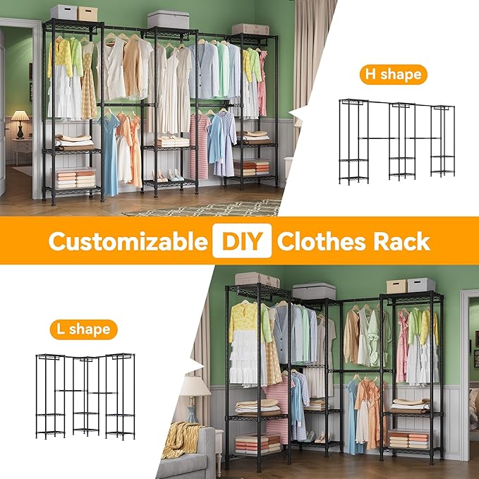 H11 Large Clothing Rack for Hanging Clothes Heavy Duty Garment Rack, Freestanding Wardrobe Closet Organizer and Storage with Expandable Hanger Rods, Extendable from 7.8 to 10.8 ft, Black