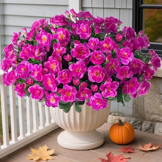 HyeFlora Artificial Faux Outdoor Flowers Plants for Spring Summer Decoration, Fake Silk Fuchsia Camellia UV Resistant Look Real for Planter Outside Front Door Porch Patio Balcony, 3 Large Bundles