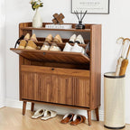 BERRYMERRY 31.5” Fluted Shoe Storage Cabinet with 2 Flip Drawers,Freestanding Narrow Shoe Organizer Cabinet with Wave Profile for Entryway,Hallway,Living Room