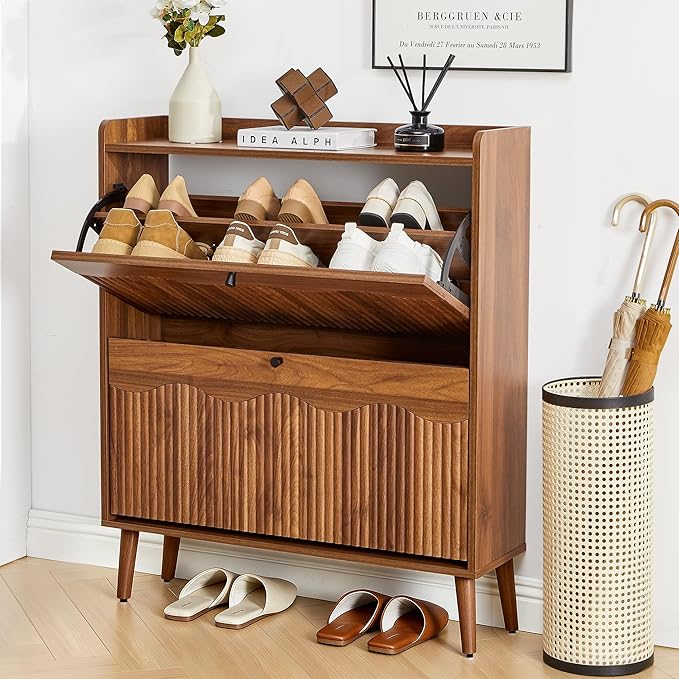BERRYMERRY 31.5” Fluted Shoe Storage Cabinet with 2 Flip Drawers,Narrow Shoe Storage Organizer Rack with Wave Door for Entryway,Hallway,Living Room
