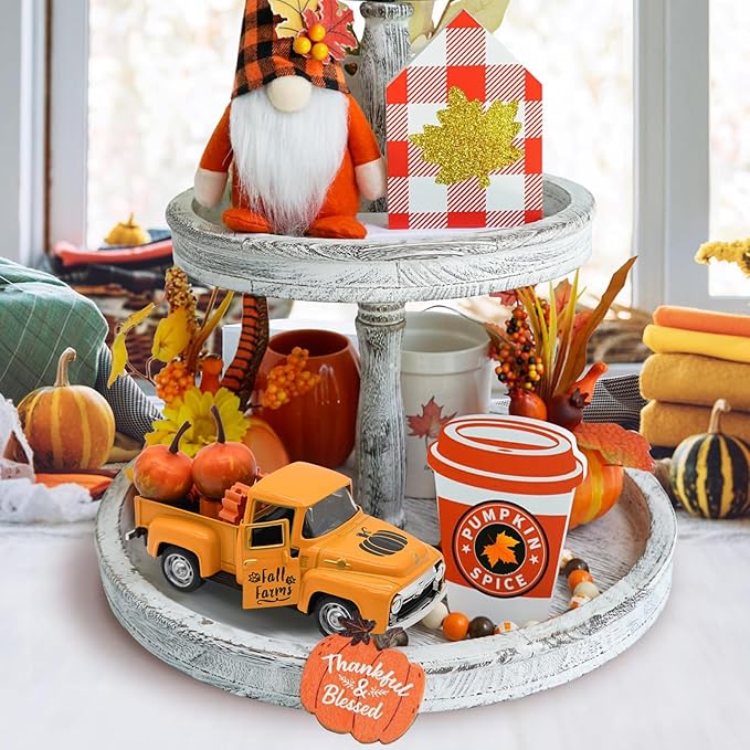 Thanksgiving Truck Decor, Fall Orange Maple Leaf Pumpkin Metal Truck Decorations for Home Indoor, Mini Cute Pumpkin Tiered Tray Decor, Farmhouse Kitchen Tabletop Centerpiece Decorations