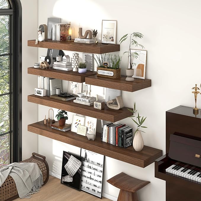 FLYJOE 72 Inch Long Floating Shelves for Wall Set of 1, 12" D Wood Grain Bathroom Shelves with Invisible Brackets, Easy Install Engineered Wood Storage Shelves for Kitchen, Living Room, Bedroom