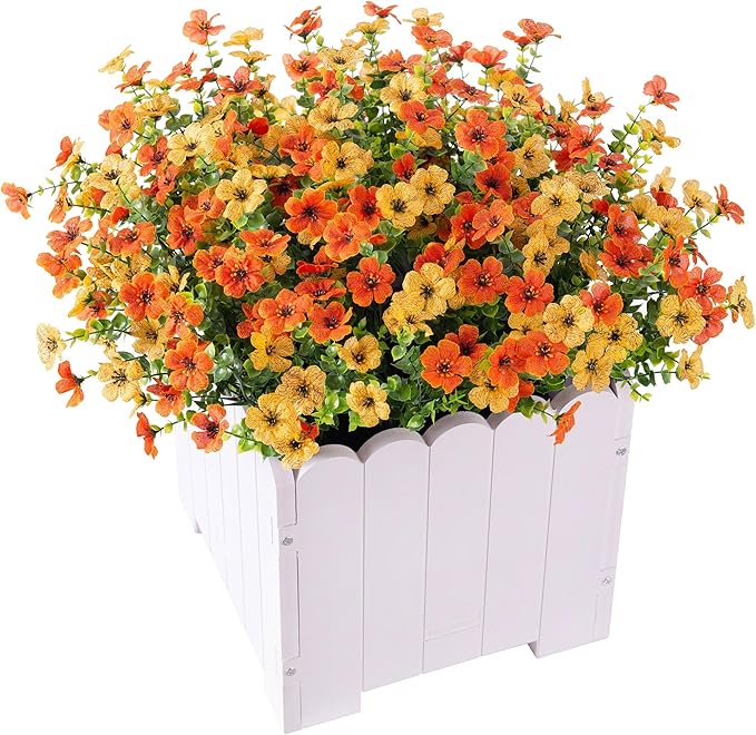 Artificial Fake Flowers Plants for Outdoor Spring Decor, 12 Bundles Faux Silk Flowers for Outdoor Outside Planter Colorful Daisy UV Resistant Look Real for Front Door Porch Patio Yard(Yellow Orange)