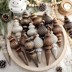 Yunlly 18 Pcs Neutral Christmas Ornaments Textured Christmas Tree Decor with Hanging Loop Modern Brown Hanging Ornaments Finial Shatterproof Decor for Xmas Tree Vintage Rustic Ivory Farmhouse