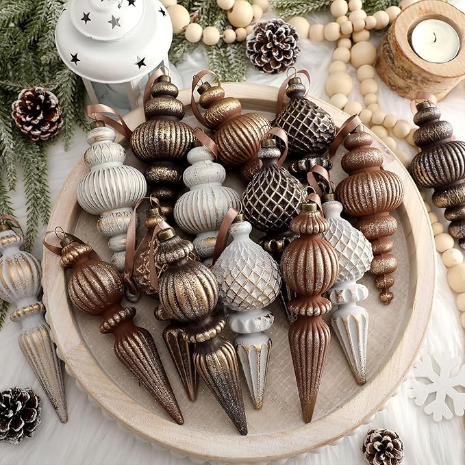Yunlly 18 Pcs Neutral Christmas Ornaments Textured Christmas Tree Decor with Hanging Loop Modern Brown Hanging Ornaments Finial Shatterproof Decor for Xmas Tree Vintage Rustic Ivory Farmhouse