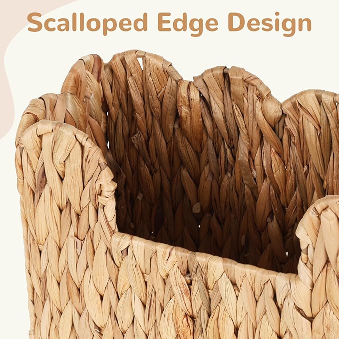 Scalloped Hand Woven Magazine Holder Natural Water Hyacinth Magazine Basket for Newspapers Books Files Decorative Boho Farmhouse Book Basket for Bathroom Living Room Home Office