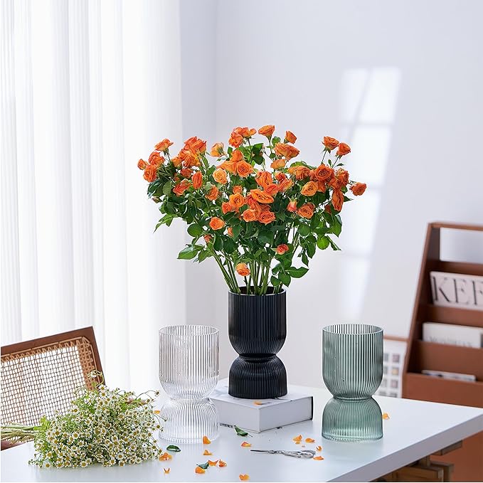 7.5 Inch Glass Hourglass Vase - Clear Ribbed Bud Flower Vases for Floating Candles, Centerpieces, Wedding Reception Decor - Hurricane Candle Holder for Home Decor, Housewarming Gift