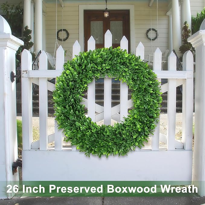 26Inch Boxwood Wreaths for Front Door，Summer Wreaths for Front Door Outside Realistic，Front Door Wreath Outside All Season，Artificial Green Wreath for Farmhouse Porch Wall Wedding Room Home Decor