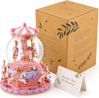 Remote Control Carousel Snow Globe Music Box, Pink Merry Go Round Horse Music Box with Lights, Plays 64 Tunes, Romantic Birthday Christmas for Daughter Wife Mom Granddaughter