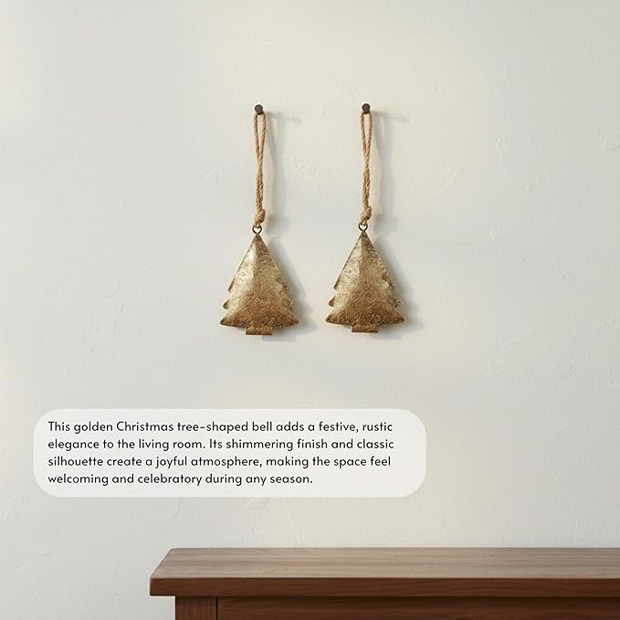 Rustic Iron Wall Accent – Set of 2, Handmade Metal Hanging Décor with Rope for Indoor & Outdoor Use (Golden Chrismas Tree, 5" 3.5)