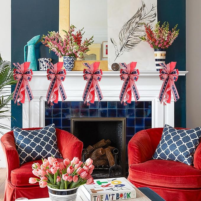 Large Patriotic Wreath Bows for Front Door, Memorial Day Red Blue White Stars and Stripes Bows for Wreath