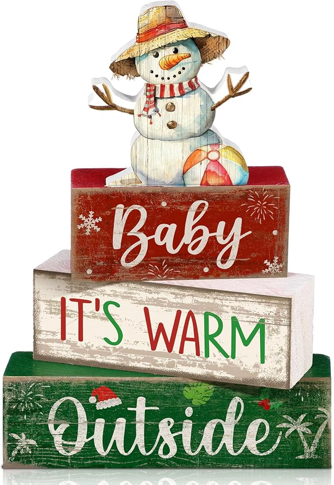 Lineshading 4 Pcs Summer Christmas in July Table Decoration Wooden July Summer Table Centerpiece Christmas Party Supplies Snowman Flamingo Palm Tree Beach Party Decorations Holiday Xmas Supplies