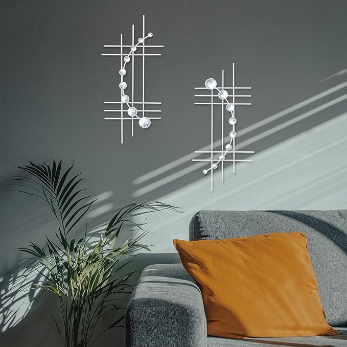 ZEXUIRU 2 Pcs Abstract Metal Art for Wall Decor Living Room Bedroom Bathroom Office Metal Bling Modern Geometric Hanging Vertical Small Iron Sculpture Plaque Pack -Silver 24in