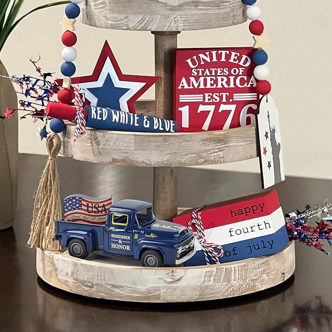 Memorial Day Patriotic Truck Decor, Americana Vintage Pickup Truck Tabletop Decoration, Rustic Farmhouse Tiered Tray Decor for 4th of July Independence Day Home Office