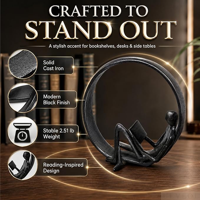 Cast Iron Sculptures Desk Office Decoration, Room or Bedroom table top Decor, Metal Small Decorative Objects Gift Man Reading for Readers, Teachers, Black Home Modern Decor Accents Library Accessories