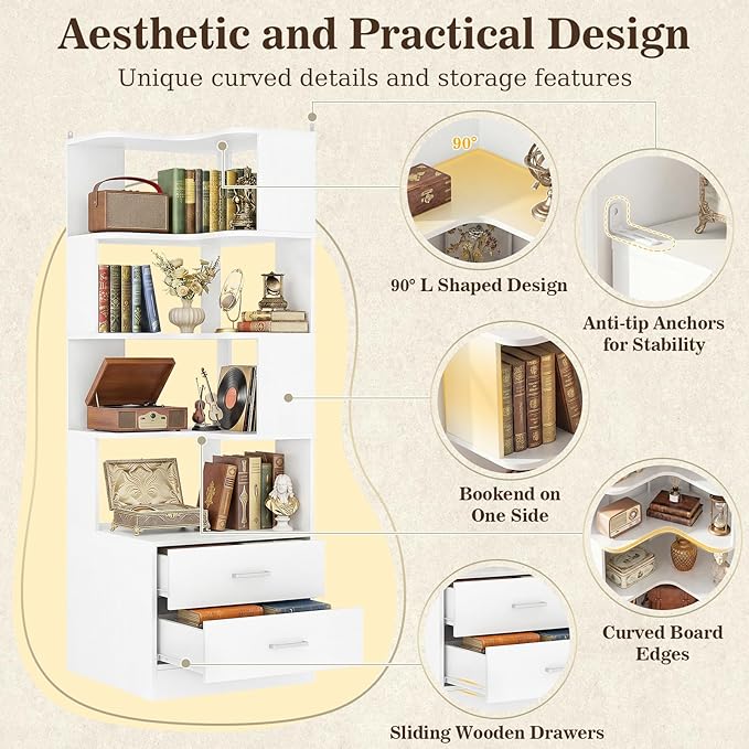 Armocity Corner Bookshelf with Drawers, 7 Tier Corner Book Shelf Display Bookcase, Freestanding L Shaped Bookshelf for Bedroom, Home Office, White