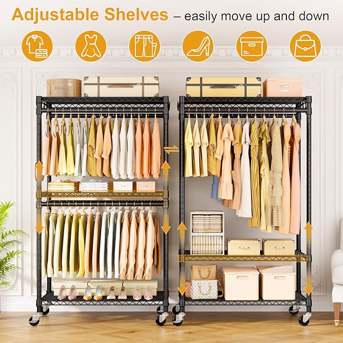 P5 Rolling Clothes Rack Heavy Duty, Clothing Racks for Hanging Clothes, Metal Garment Rack with Wheels, 3-Tier Portable Closet Rack 39.4'' W × 20.5'' D × 80.5'' H, Max Load 650 Lbs, Black
