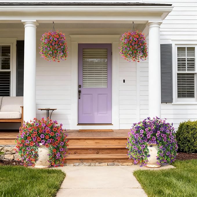 Artificial Hanging Flowers for Outdoors, 2 Pcs Fake Hanging Plant Spring Summer Decoration, UV Resistant No Fade Faux Flower for Porch Patio Yard Window Home Decor(Red Purple)