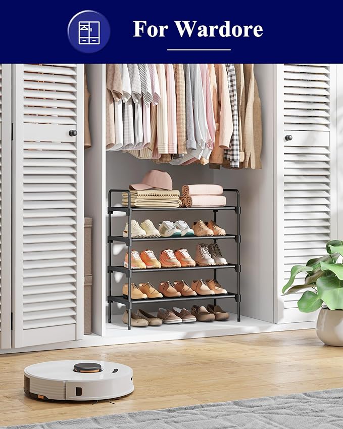 Kitsure Shoe Rack for Closet, Shoe Organizer for Front Door Entrance, Stackable Shoe Shelf, Detachable Closet Organizers and Storage, 26.6" Wide - 4 Tiers, Black