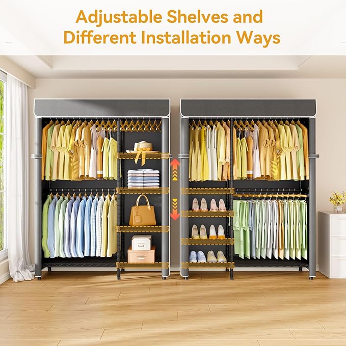 F2C Clothes Rack with Cover, Clothing Racks for Hanging Clothes, Heavy Duty Garment Rack with Shelves and Hanger Rods, Black Closet with Dark Gray Cover, 47.2"W x 16.5"D x 78.3"H, Load 630lbs