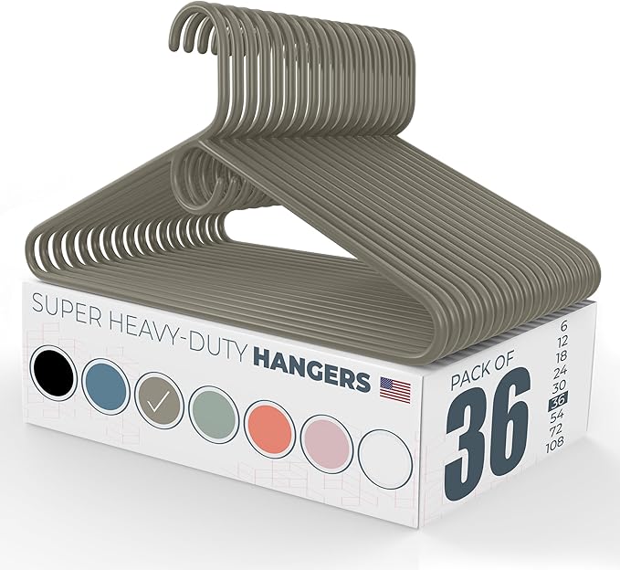 Neaties Super Heavy Duty Clothes Hangers 36 Pack – Made in the USA - 10lb Capacity, Thick Plastic Hangers for Pants, Coats, Jackets, Jeans and Adult Clothing – Gray