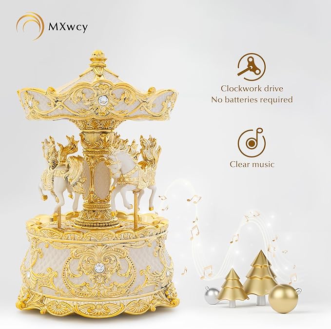 Carousel Music Box Gold & Ivory 8.7" Rotate Christmas Music Box for Kids & Adults, Classic Wind up Cylinder Music Box Valentines Day Gifts for Women Girls Mom Carousel Horse Musical Lantern Home Decor