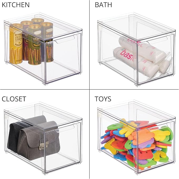 mDesign Plastic Stackable Closet Storage Organizer Bins with Pull Out Drawer for Cabinet, Desk, Shelf, Cupboard, or Dresser Organization - Lumiere Collection - 4 Pack - Clear