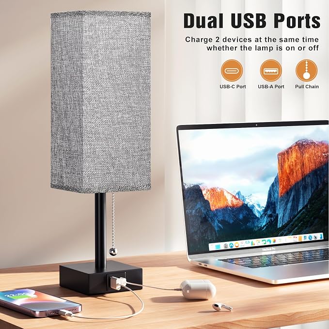 aooshine Bedside Table Lamps Set of 2 - Gray Bedroom Lamps with 3 Color Temperatures (3000K/5000K/4000K), Square Nightstand Light with USB C + A Charging Ports, Pull Chain Small Night Light