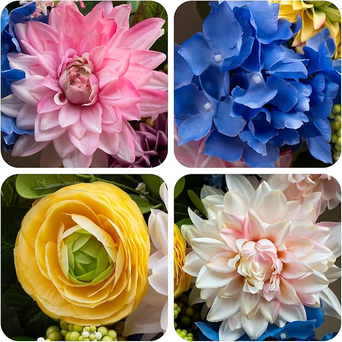 Spring and Summer Wreaths for Front Door 24 Inch Summer Wreath with Vibrant Dahlia, Gerbera Daisy & Primula Floral Arrangement - All Seasons Summer & Spring Door Wreath for Outside Decor